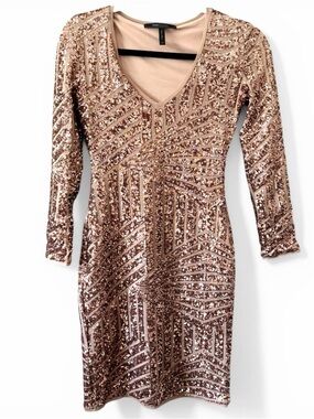 BCBGMaxAzria Rose Gold Sequin Long-Sleeve V-Neck Dress
